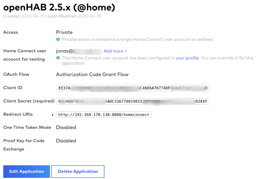 Screenshot Home Connect application page
